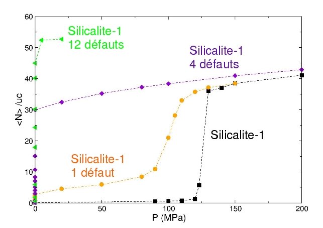 Isothermes simulées d'intrusion d'eau dans la silicalite-1 en présence de défauts